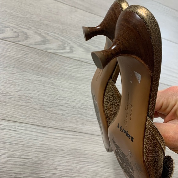 Salvatore Ferragamo Gold Floral Kitten Heel Open Back Heels - Picture 7 of 13